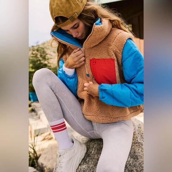 Free People Jackets & Blazers - Free People Tan Sherpa Vest with Blue Sleeves & Red Pocket
